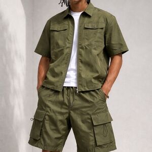 Wezc Men’s Olive Green Utility Cargo Set Zip Shirt & Shorts Tactical Outfit NWT